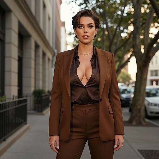 Photograph of a confident woman with short dark hair, wearing a deep brown blazer over a low-cut black blouse, standing on an urban street with
