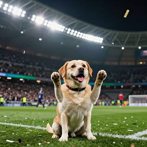 Photograph of a golden retriever with raised paws, smiling on a lit stadium field with a blurred crowd in the background.
