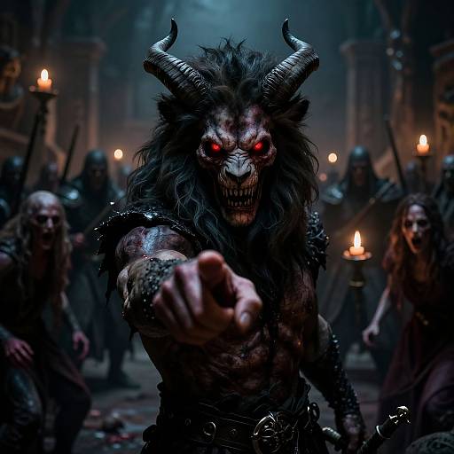 Digital artwork of a fierce, demonic horned figure with glowing red eyes, pointing menacingly forward. Surrounding it are shadowy, torch-lit