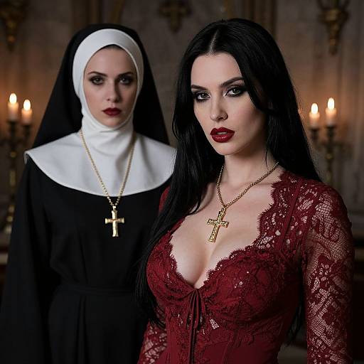 Photograph of a pale-skinned brunette woman in a deep red lace dress with a low neckline, wearing a gold cross necklace, standing beside a nun