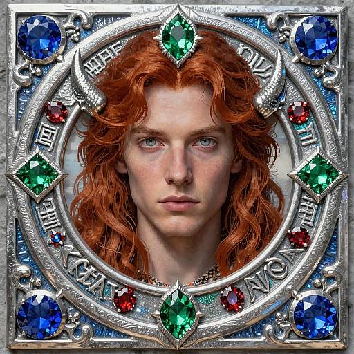 Digital portrait of a red-haired woman with piercing blue eyes, surrounded by a silver circular frame adorned with blue, green, and red gems. Text 