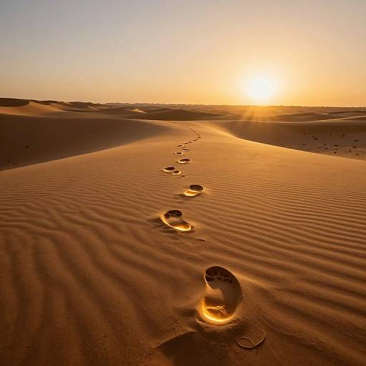 Photograph of a desert sunset with golden footprints leading through rippled sand dunes, sun low on the horizon, casting warm light.