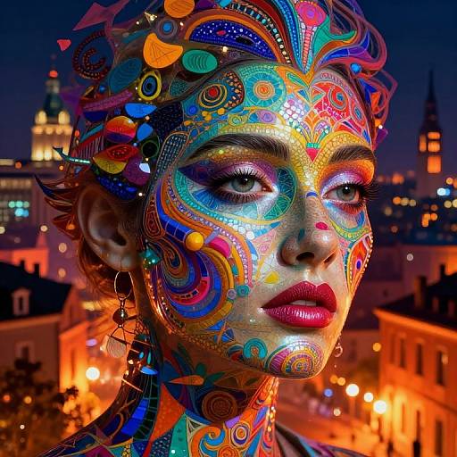 Photograph of a woman with vibrant, intricate facial paint resembling tribal patterns, set against a nighttime cityscape with illuminated buildings.