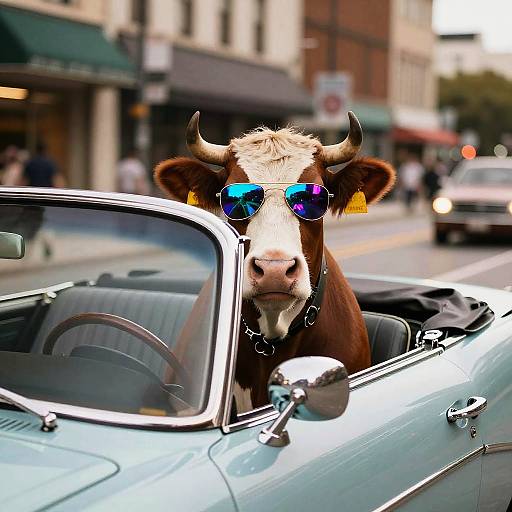 Cool Cow Driving Vintage Convertible