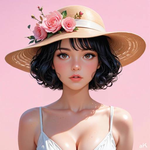 Charming Girl with Floral Hat Illustration