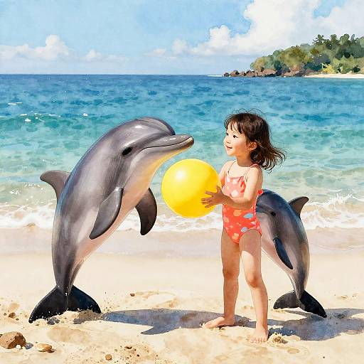 Photograph of an Asian girl in a red swimsuit holding a yellow beach ball, standing on a sandy beach with two dolphins beside her, clear blue