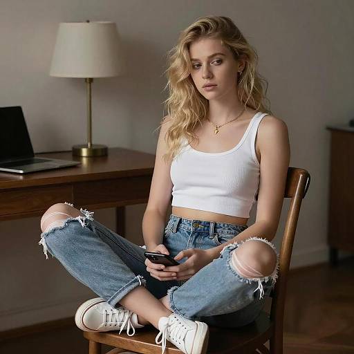 Contemplative Blonde Woman in Casual Outfit