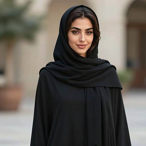 Photograph of a beautiful Middle Eastern woman with dark hair, wearing a black hijab and abaya, standing outdoors with a blurred background of potted