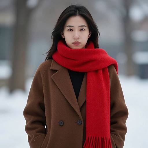 Photograph of an Asian woman with long black hair, wearing a brown coat and vibrant red scarf, standing in a snowy, blurred outdoor setting.