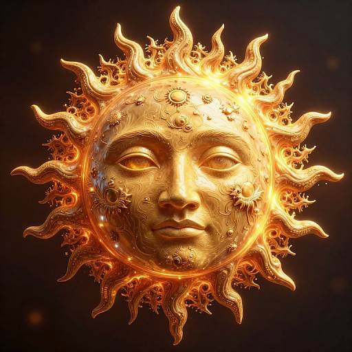 Glowing, ornate sun mask with a human face, golden hues, intricate details, fiery rays, dark background, photograph.