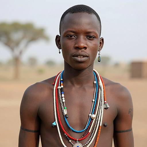 Photograph of a shirtless, dark-skinned African man with short hair, wearing multiple colorful beaded necklaces and earrings, standing in a sun