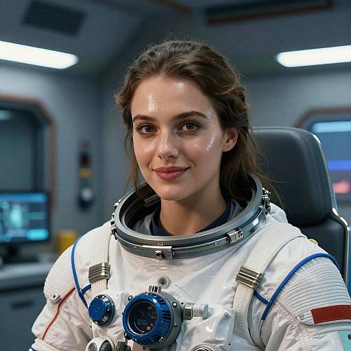 Photorealistic CGI of a smiling young woman with brown hair in a white astronaut suit, wearing a helmet with a clear visor, in a high