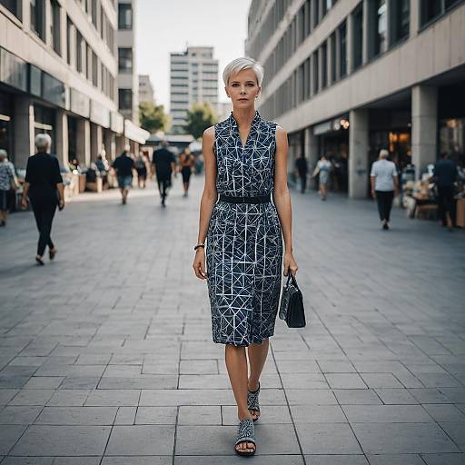 Modern Woman Walking in Urban Marketplace