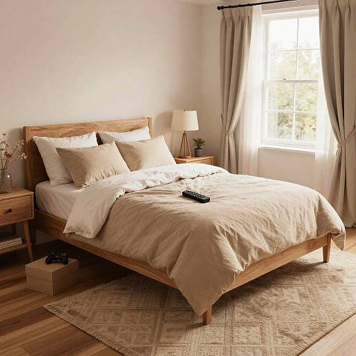 Cozy bedroom with wooden bed, beige bedding, three pillows, window with beige curtains, wooden nightstand, lamp, and remote on bed.