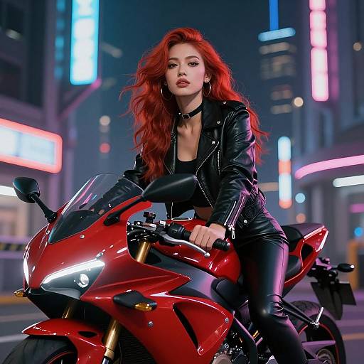 Red-Haired Biker in Neon City