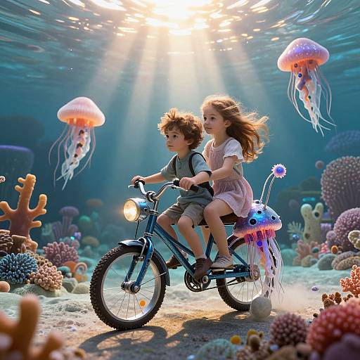 Photograph of a curly-haired boy and a girl with flowing brown hair riding a blue bicycle underwater, surrounded by colorful coral and jellyfish, with sunlight