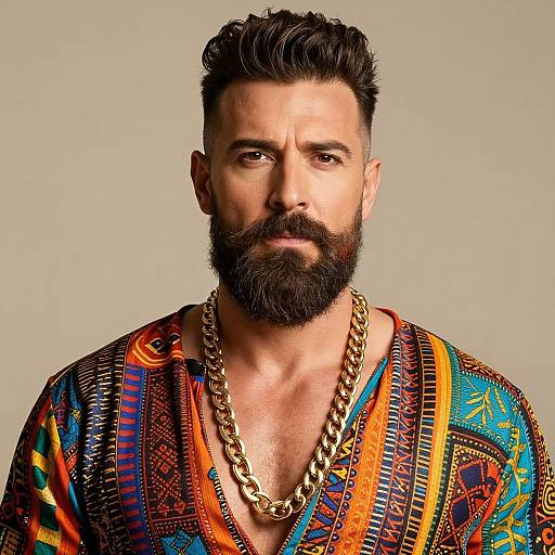 Confident Bearded Man in Vibrant Outfit