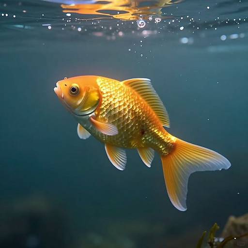Photograph of a vibrant, orange-gold fish with shimmering scales, floating mid-water against a dark blue underwater background. Bubbles and light reflections