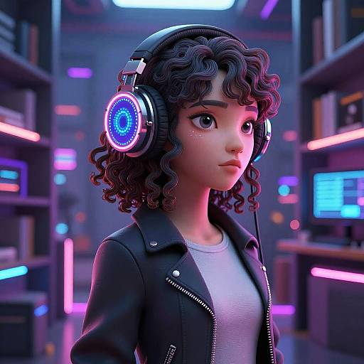 Digital art of a curly-haired woman with large blue-lit headphones, wearing a black leather jacket and white shirt, in a neon-lit futuristic library