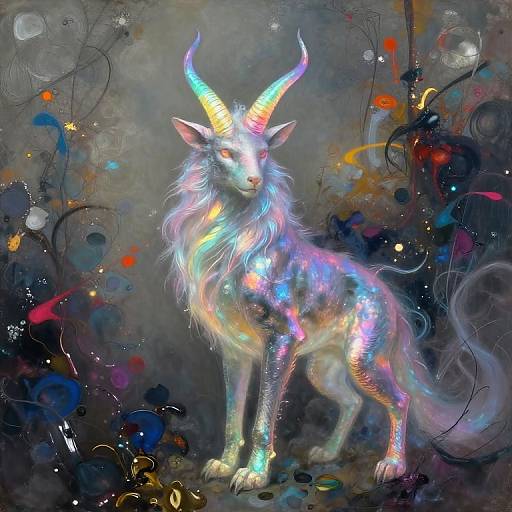 Digital painting of a glowing, mystical unicorn-like creature with iridescent fur, colorful horns, and vibrant, abstract background splashes.