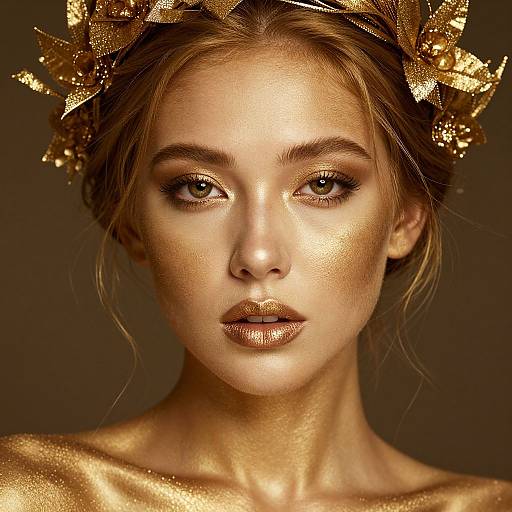 Photographic portrait of a beautiful woman with golden, shimmering skin, green eyes, and a golden leaf crown, against a dark background.