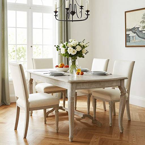 Photograph of a sunlit dining room featuring a distressed white wooden table with four upholstered chairs, floral centerpiece, fruit, and a black chandelier
