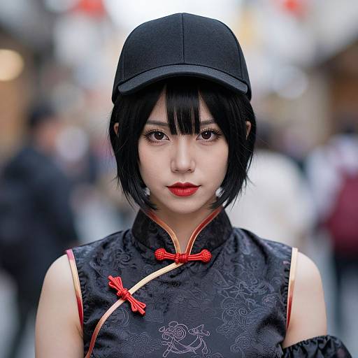 Photograph of a young Asian woman with short black hair, red lipstick, wearing a black cap, black floral-patterned cheongsam with red bows