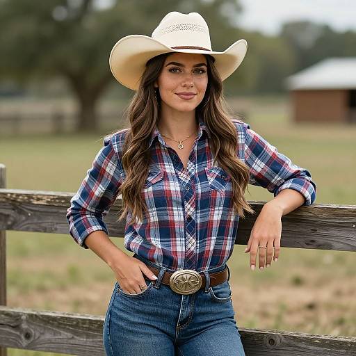 Photograph of a smiling woman with long brown hair, wearing a white cowboy hat, blue plaid shirt, and jeans, leaning on a wooden fence