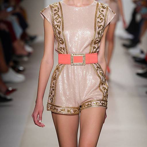 Photograph of a model on a runway wearing a shiny, gold-embroidered, pink romper with a wide, orange belt and a gold