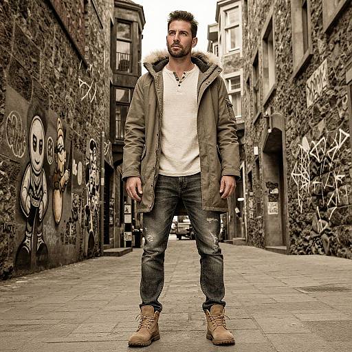Photograph of a bearded man with a trimmed beard, wearing a green coat, white shirt, ripped jeans, and tan boots, standing in a