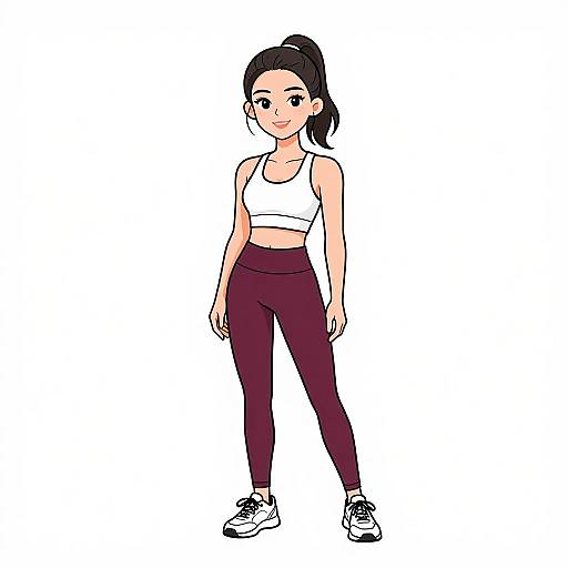 Digital anime-style drawing of a young woman with light skin, black hair in a ponytail, wearing a white sports bra, maroon leggings, and
