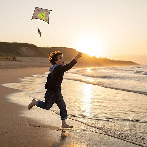 Photograph of a young boy with curly brown hair, barefoot, wearing a black hoodie and jeans, flying a green and yellow kite at sunset on