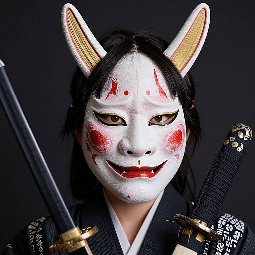 Photograph of an Asian woman with white face mask, red and black makeup, black hair, and bunny ears, holding two Japanese swords against a dark