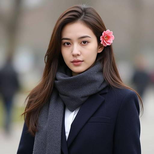 Photograph of an Asian woman with long brown hair, wearing a black coat, gray scarf, and pink flower in her hair, standing outdoors with a