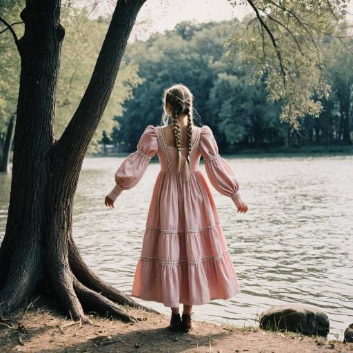 Blonde Woman with Twin Braids in Pink Dress by Lake
