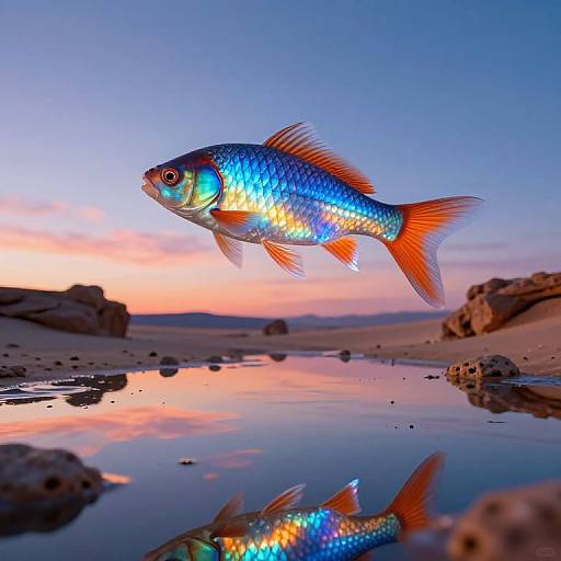 Iridescent Fish Soaring Over Surreal Desert