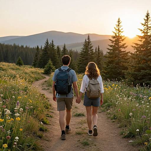 Couple Hiking Hand-in-Hand at Sunset