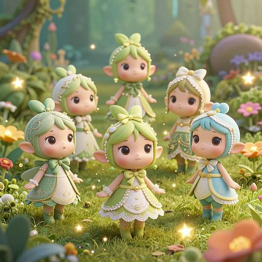 CGI image of five adorable fairy-like children with green and blue hair, wearing floral dresses, in a magical forest with glowing mushrooms.