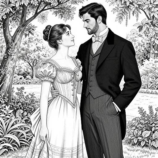 Black-and-white drawing of a Victorian-era couple, man in dark suit and bow tie, woman in off-shoulder dress, standing in lush garden