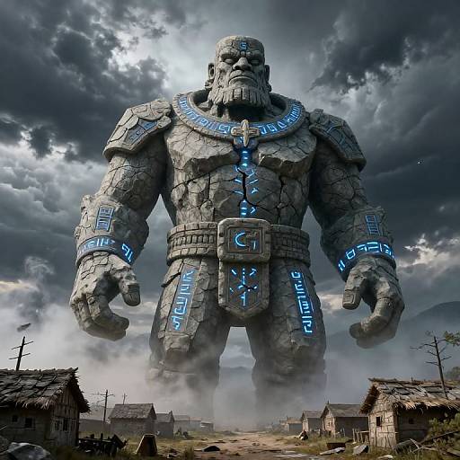 Digital artwork of a massive, stone-skinned, muscular giant with glowing blue runes, standing in a misty, ruined village under a stormy sky