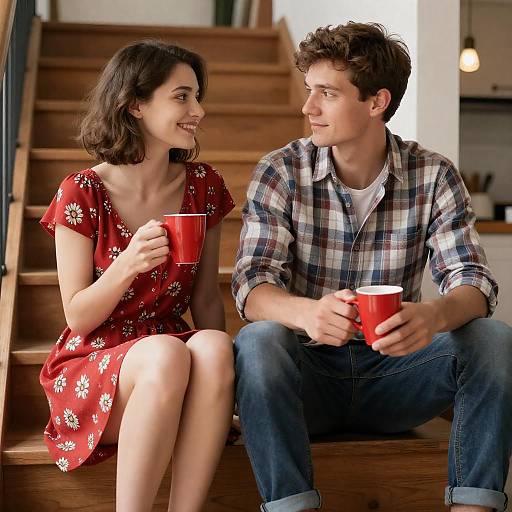 Cozy Couple on Wooden Stairs