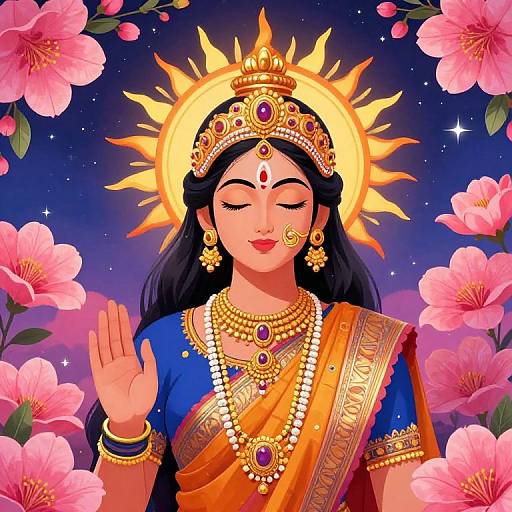 Digital art of a serene, dark-haired goddess with a golden sun crown, wearing an orange sari, adorned with jewels, surrounded by pink flowers,