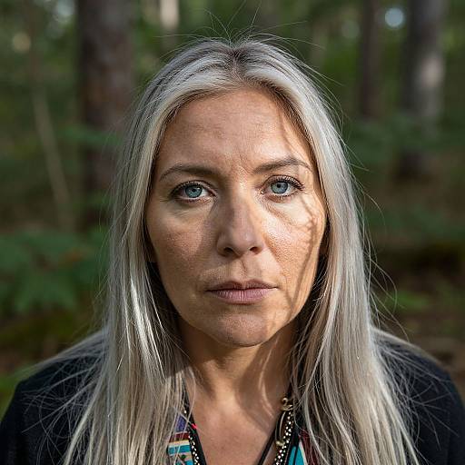 Photograph of a middle-aged woman with long, silver-gray hair, blue eyes, and fair skin, wearing a black jacket over a colorful shirt,