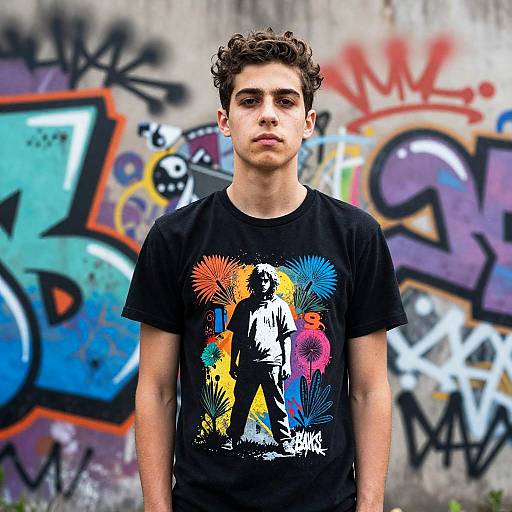 Photograph of a young man with curly brown hair, wearing a black T-shirt with vibrant, graphic print, standing in front of colorful graffiti-covered wall