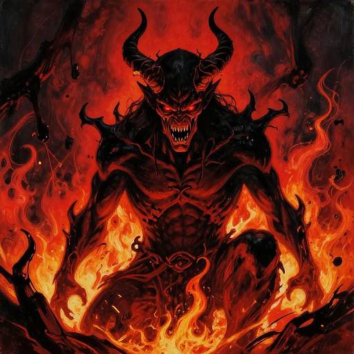 Digital artwork of a terrifying, black horned demon with glowing red eyes and sharp teeth, sitting amidst intense, fiery orange flames. Dark, smoky