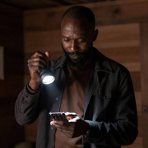 Focused Man Inspecting Metal By Flashlight