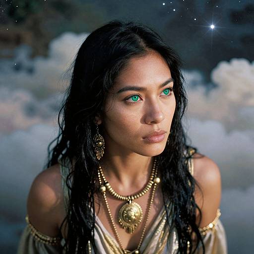 Photorealistic digital portrait of a beautiful, dark-haired woman with striking green eyes, wearing gold jewelry and draped silver fabric, against a cloudy, star
