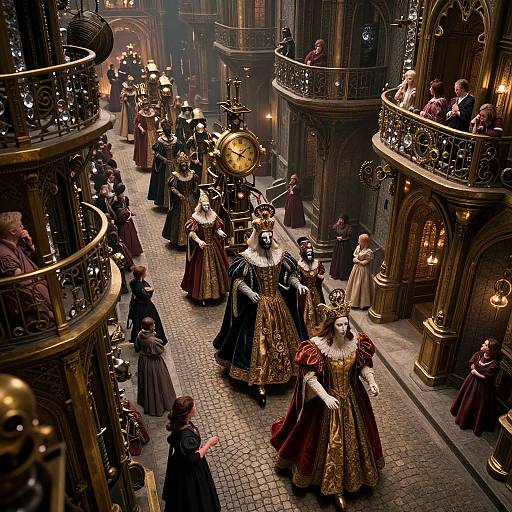 Photograph of a Victorian-era, steampunk-inspired procession in a grand, cobblestone hall with ornate balconies, lit by brass lamps