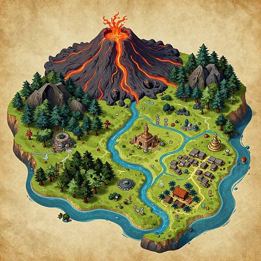 Digital artwork: Isolated island with active volcano, rivers, green grass, pine trees, ancient ruins, huts, and small villages, surrounded by