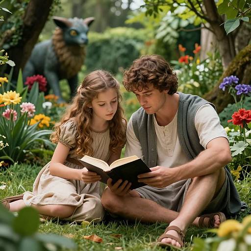 Adam and Eve Reading Bible in Eden